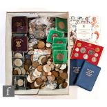Various George V to Elizabeth II crowns some cased, with nickel and copper coinage including