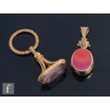 A modern 9ct hallmarked oval agate pendant, weight 11g, with an early gilt metal amethyst fob, S/
