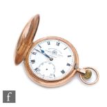 A 9ct hallmarked full hunter crown wind pocket watch Roman numerals to a white enamelled dial,