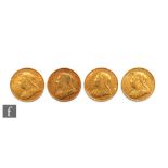 Four Victoria veil head full sovereigns dated 1895 1896 and 1901 x 2. (4)