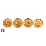 Four George V full sovereigns dated 1912, 1913, 1928 and 1931.