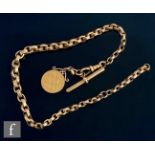 A 9ct oval belcher link single Albert chain with a soldered full sovereign date 1918 attached, total