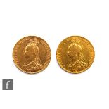 Two Victoria Jubilee head full sovereigns dated 1890 and 1891, S/D. (2)