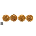 Four Edward VII full sovereigns dated 1903, 1904, 1908 and 1909.