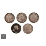 Five William III to George II shillings dated 1696, 1715, 1723,  1741, and 1745 (Lima). (5)