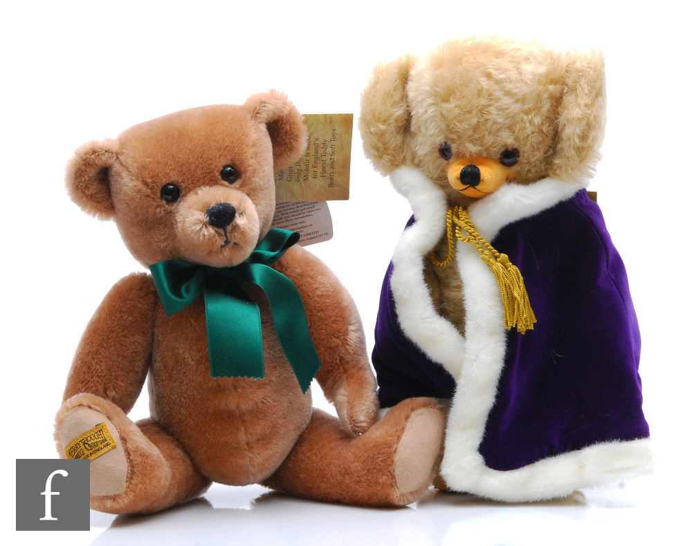 Two Merrythought teddy bears, Cheeky Prince Charming, and Bernie, both boxed with shipping