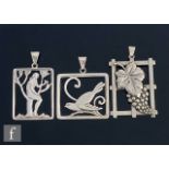Three Danish silver pendants of rectangular form, the first by Carl Brumberg Hansen with a bird on