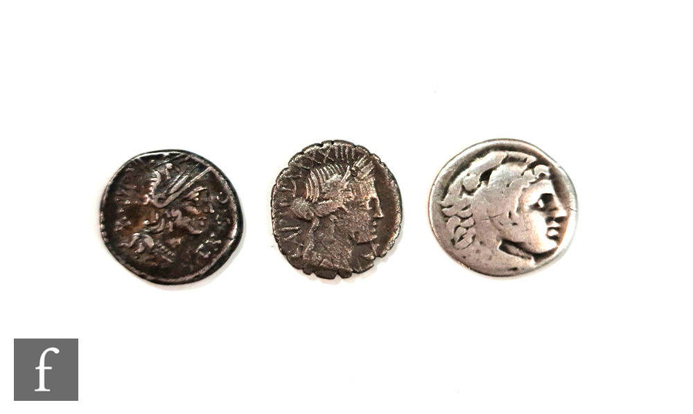 A Roman Republic M Sergius Silus (116-115BC) denarius head of Roma facing right, reverse M Sergi