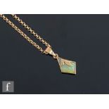 A 9ct hallmarked irregular shaped opal pendant, length 2.5cm, suspended from a 9ct belcher link