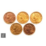 Five Swiss twenty franc coins, three dated 1927 and two dated and 1930. (5)
