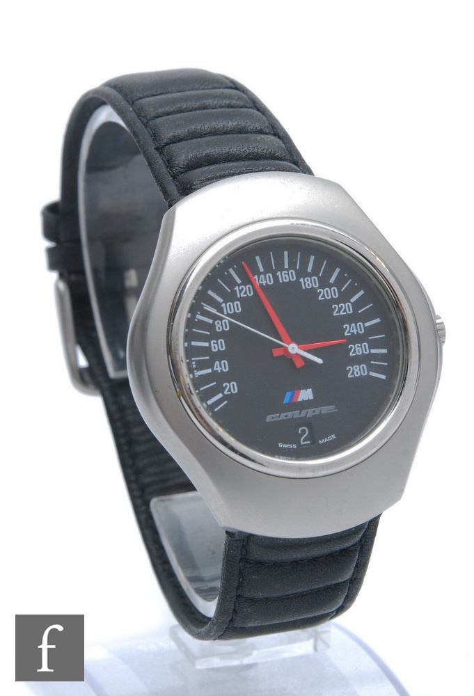 A gentleman's stainless steel BMW quartz wristwatch, with a speedometer design and date facility