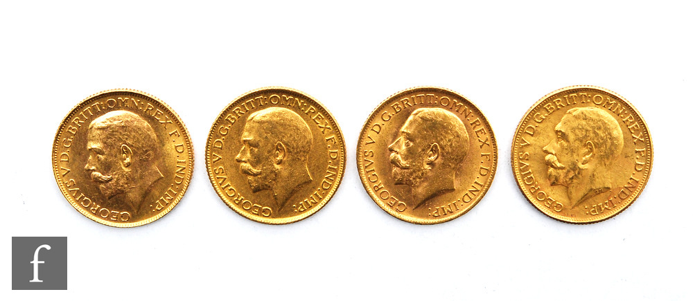 Four George V full sovereigns dated 1911, 1912, 1913 and 1927.