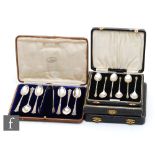 Four cased sets of hallmarked silver teaspoons to include an Albany pattern set with tongs, total