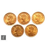 Five Swiss twenty franc coins, all dated 1935. (5)