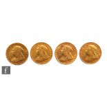 Four Victoria veil head full sovereigns dated 1895 x 3 and 1898. (4)