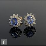 A pair of 9ct sapphire and diamond cluster stud earrings, central oval sapphire within a border of
