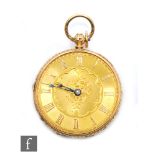A late 19th Century 18ct hallmarked open faced, fusee pocket watch, Roman numerals to a gilt dial,