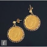 A pair of half sovereign drop earrings each claw mounted to a rope twist detailed mount, total