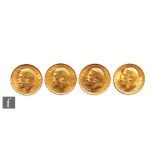 Four George V full sovereigns dated 1912, 1913 x2 and 1914.