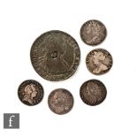 Five Anne to George II sixpences dated 1707 (E), 1723, 1741, 1746 and 1757, and a replica Charles