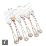 A set of six hallmarked silver hour glass pattern dinner forks, total weight 19oz, London 1810,