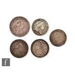 Two George III to George IV crowns dated 1820 and 1821, also a 1804 dollar and two three shilling