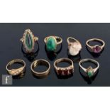 Eight assorted 9ct stone set and plain rings to include seed pearl, garnet and other examples, total