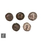 Five Roman denarius to include Vespasian (69-79AD), Faustia II, Trajan (98-117AD), Hadrian (117-
