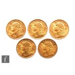 Five Swiss twenty franc coins, all dated 1935. (5)