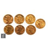 Seven Swiss twenty franc coins dated 1902 x 2, 1905, 1909, 1913 and 1915 x 2. (7)