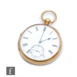 An 18ct hallmarked open faced key wind pocket watch with Roman numerals to a white enamelled dial,