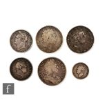 Three William III to George IIII crowns 1696, 1819, 1820, also 1817 and 1824 half crowns and a