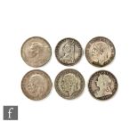 Five Victoria to George V crowns dated 1896, 1935 x3 and 1937 and a double florin dated 1887. (6)