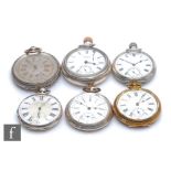 Three hallmarked silver open faced key and crown wind pocket watches with two Continental silver