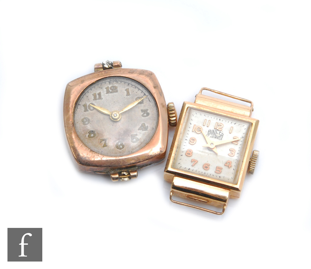 Two lady's wristwatches, an 18ct Binesa, weight 6.5g, and an early 20th Century 9ct example,