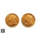 Two Victoria veil head full sovereigns dated 1894 and 1898. (2)