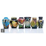 A set of six Moorcroft Pottery miniature vases patterns comprising Art Nouveau, Figaro, Dragonfly,