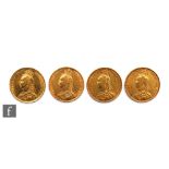 Four Victoria jubilee head full sovereigns dated  1888, 1892 x 2 and 1893. (4)