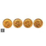 Four Edward VII full sovereigns dated 1907 x2, 1908 and 1910.