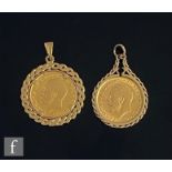 Two George V half sovereigns each to a 9ct pendant mount, total weight 12.5g, coins dated 1913 and