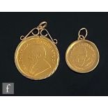 A quarter ounce and a one tenth Krugerrand each loose set to a 9ct pendant mount, total weight 13.