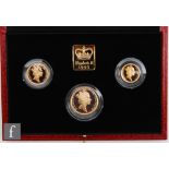 A cased Elizabeth II United Kingdom Gold Proof Sovereign three coin set containing a double, a full,