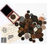 Various George III to Victoria pennies, half pennies and tokens and a Bernhard fake five pound