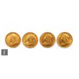 Four Victoria veil head full sovereigns dated 1893 and 1899 x3.
