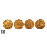 Four Victoria veil head full sovereigns dated 1893, 1894, 1896 and 1900.