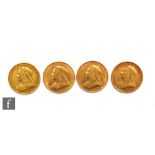 Four Victoria veil head full sovereigns dated 1893, 1894, 1899 and 1900.