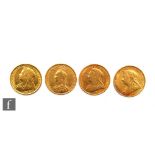 Four Victoria full veiled head sovereigns 1889, 1893, 1900 (MM) Sydney and 1901 (MM) Perth. (4)