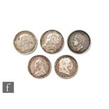 Five George III to Victoria shillings dated 1819, 1826, 1839, 1884 and 1887. (5)