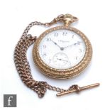 An early 20th Century gold plated Elgin crown wind pocket watch with Arabic numerals to a white
