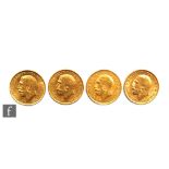 Four George V full sovereigns dated 1911, 1912 x2 and 1919.